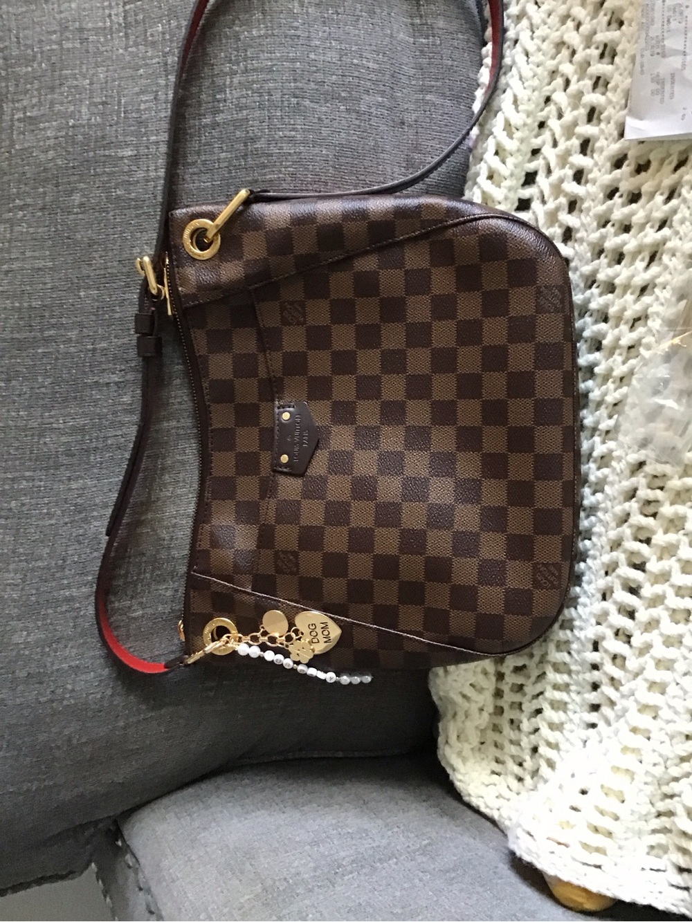 Designer-Style Brown Checkered Crossbody Bag with Red Trim - Picture 2 of 7